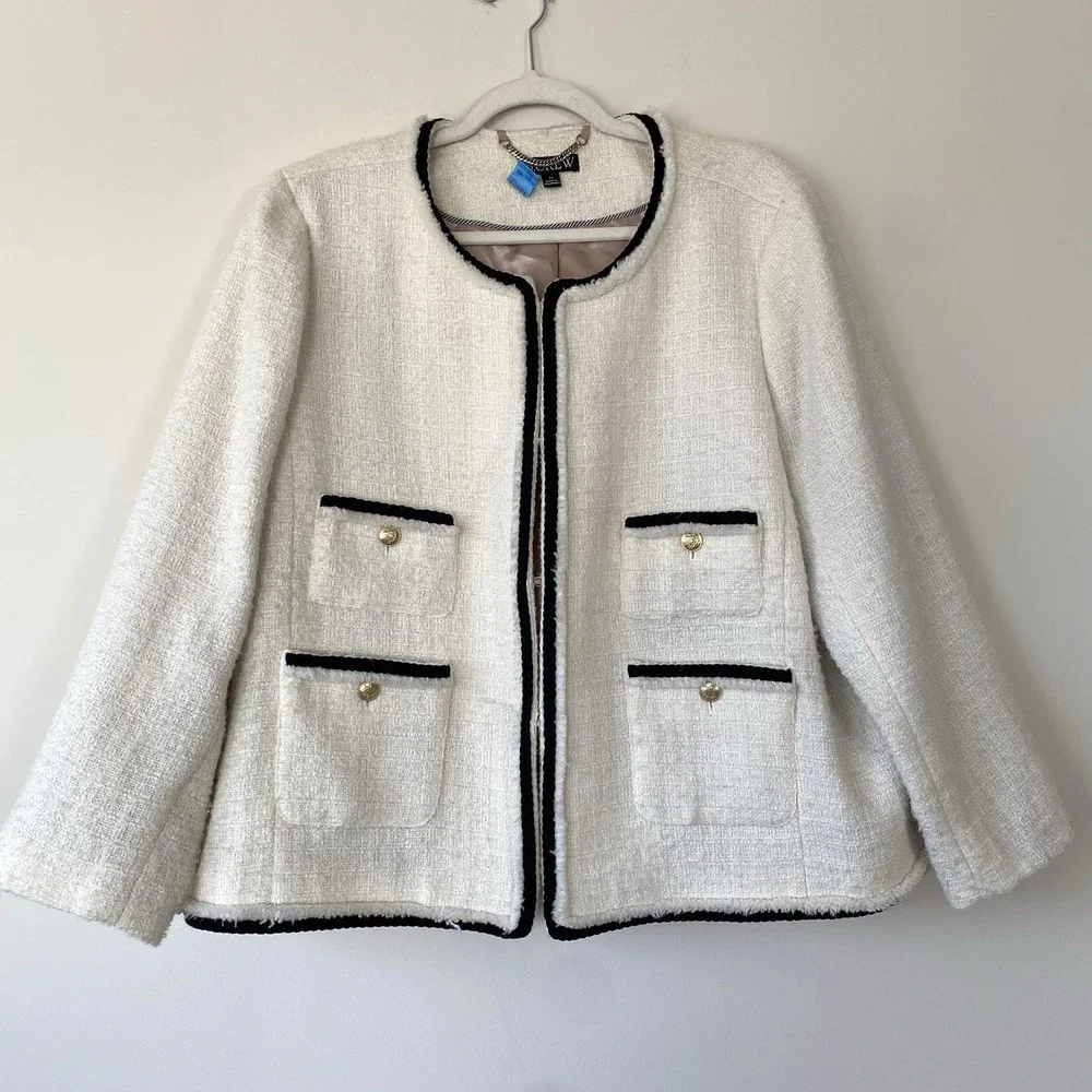 J. Crew Frances Lady Jacket in Ivory Tweed with Black Trim Gold Buttons SZ 22